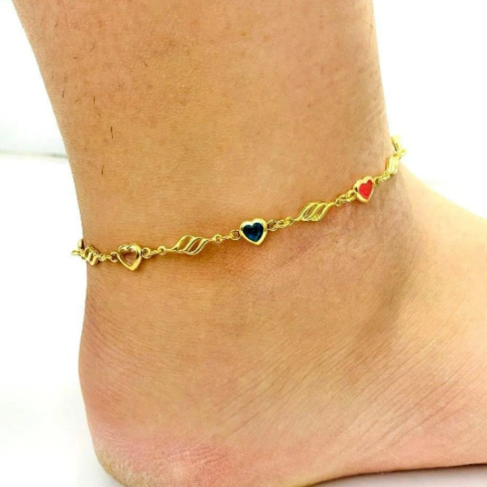 Multi Color Heart Anklet Bracelet for Women's 10" in Gold Filled Foot Bracelet